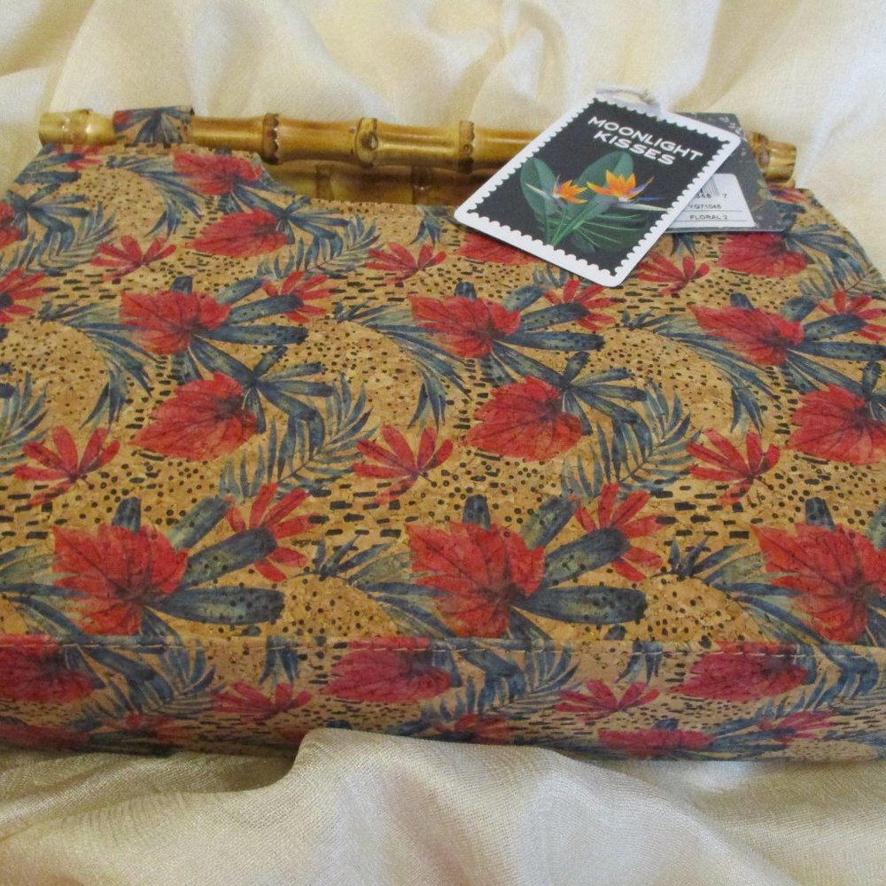 NWT Haute Hippie Floral Cork Handbag Bamboo Top Handle Purse Vegan Chic Boho Bag